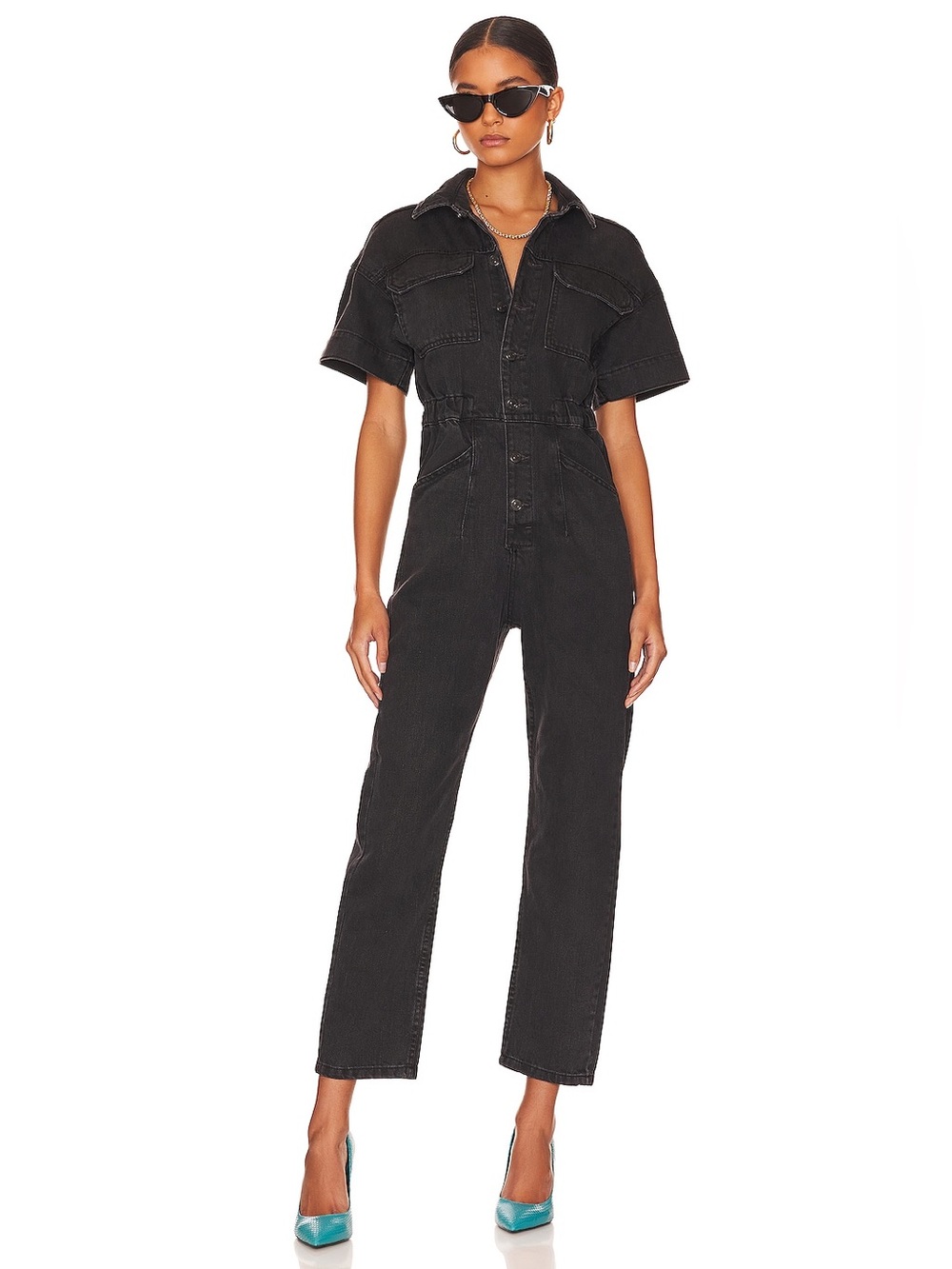 NWT Free People We The Free Marci Denim Jumpsuit, Black, Size L